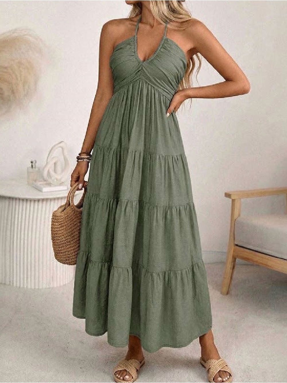 Halter Tiered Maxi Dress in Olive